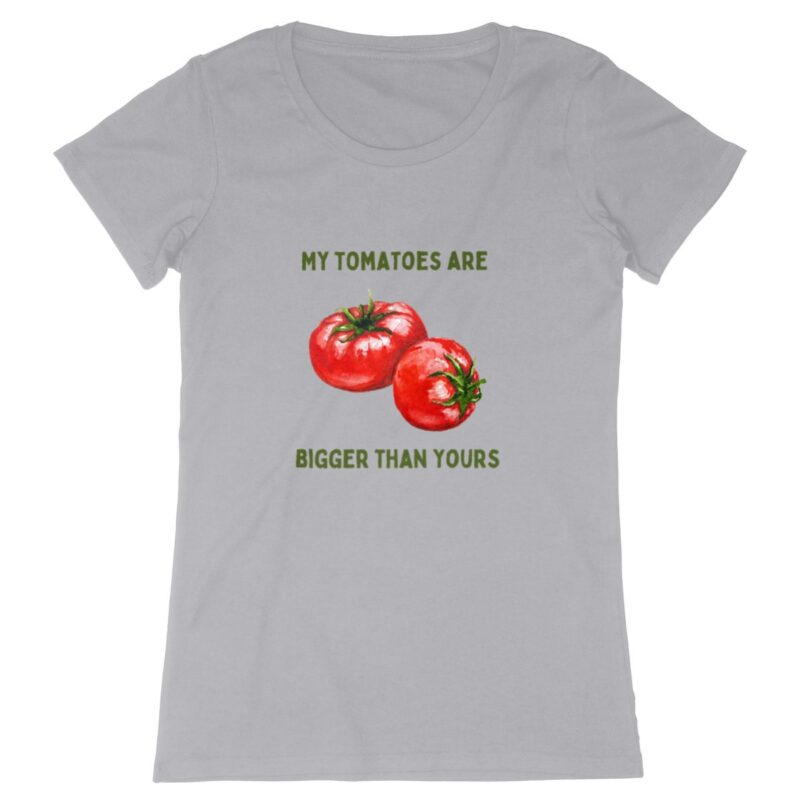 Witziges Garten-Shirt: Bio-Qualität mit der Aufschrift 'My Tomatoes Are Bigger Than Yours'