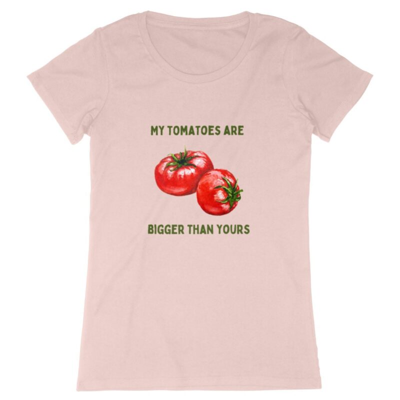 Witziges Garten-Shirt: Bio-Qualität mit der Aufschrift 'My Tomatoes Are Bigger Than Yours'