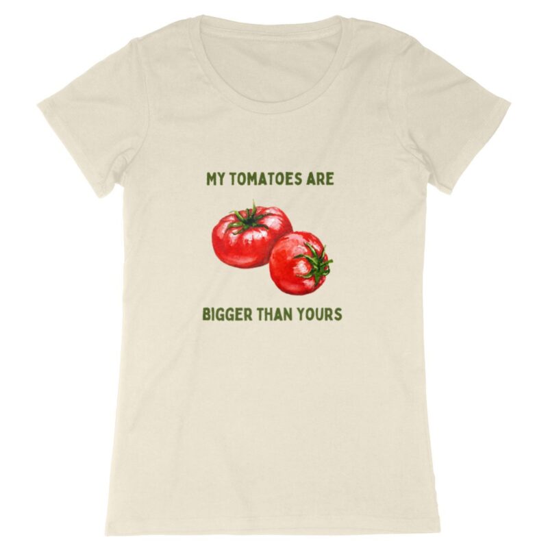 Witziges Garten-Shirt: Bio-Qualität mit der Aufschrift 'My Tomatoes Are Bigger Than Yours'